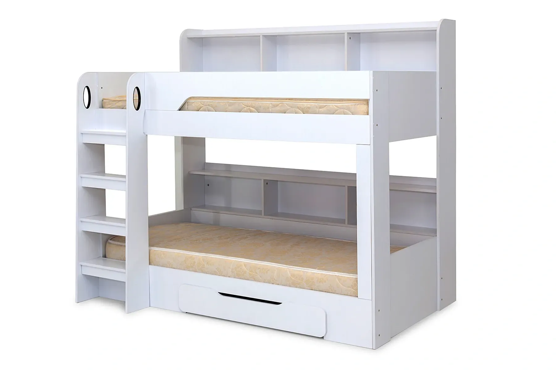 White children's bunk bed with storage drawers and ladder