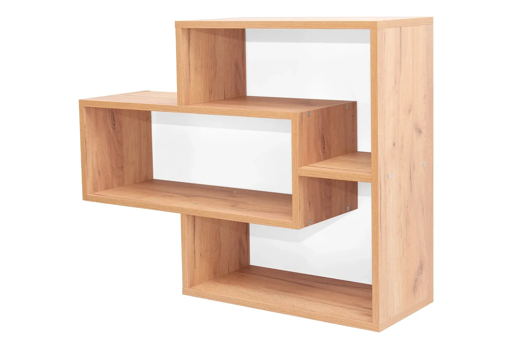 Geometric oak wall shelving unit with open compartments